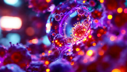 A vibrant, microscopic view of viruses with detailed structures in a glowing, colorful environment.
