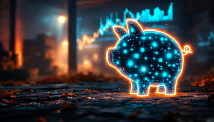 A glowing digital piggy bank with network nodes in an urban setting, symbolizing futuristic finance and investment trends.