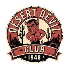 A desert-themed design featuring a devil character with a vintage "Desert Devil Club" logo, ideal for bold, adventurous designs, vector illustration.