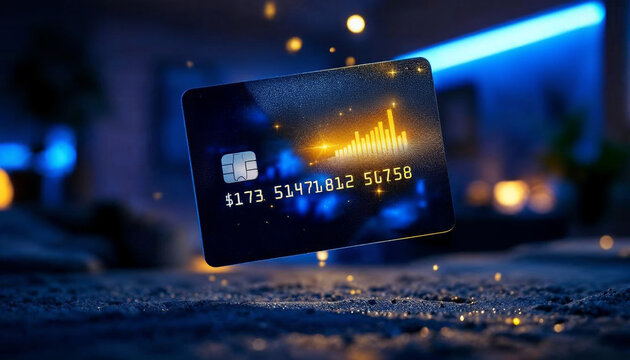 A futuristic credit card with digital financial data and glowing graph elements floats over a textured surface in a dark, tech-inspired setting.