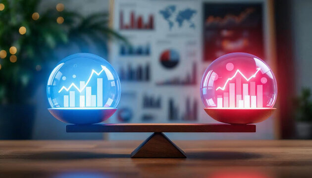 Two glowing spheres with financial graphs inside balance on a seesaw, representing comparison and equilibrium in data or market analysis.