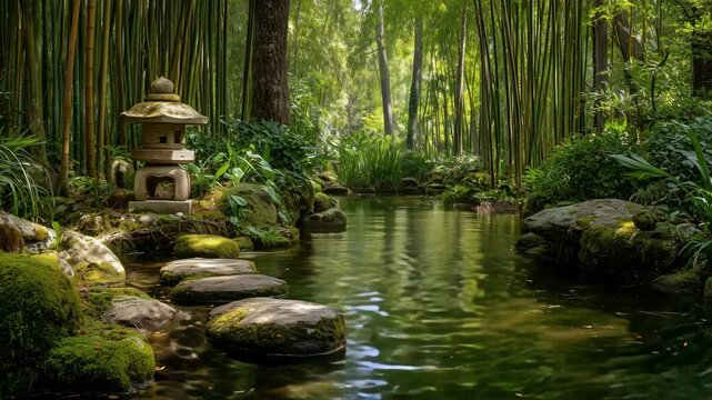 竹林の池に佇む石灯籠の風景