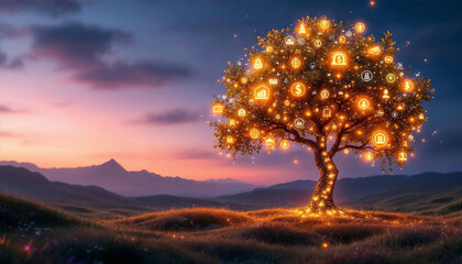 A glowing tree at sunset with digital icons representing finance, technology, and connectivity lighting up its branches in a scenic landscape.