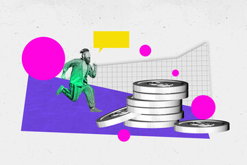 Full 3d art trend collage of happy businessman run coin stack dollar transaction jackpot bubble...