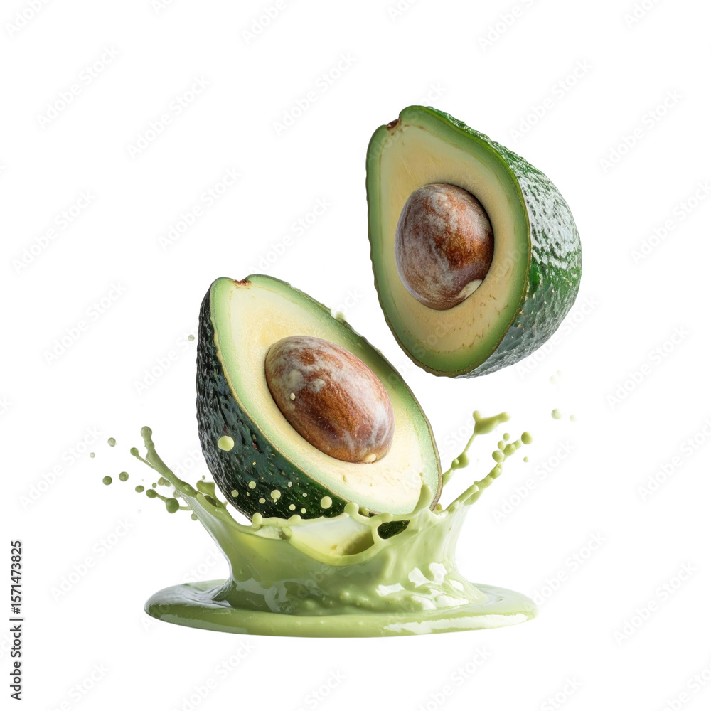Poster halved avocado with green splash isolated on transparent background detailed realistic rendering sho