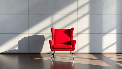 A vivid red wingback chair with metal legs in a sunlit room against a white tiled wall backdrop