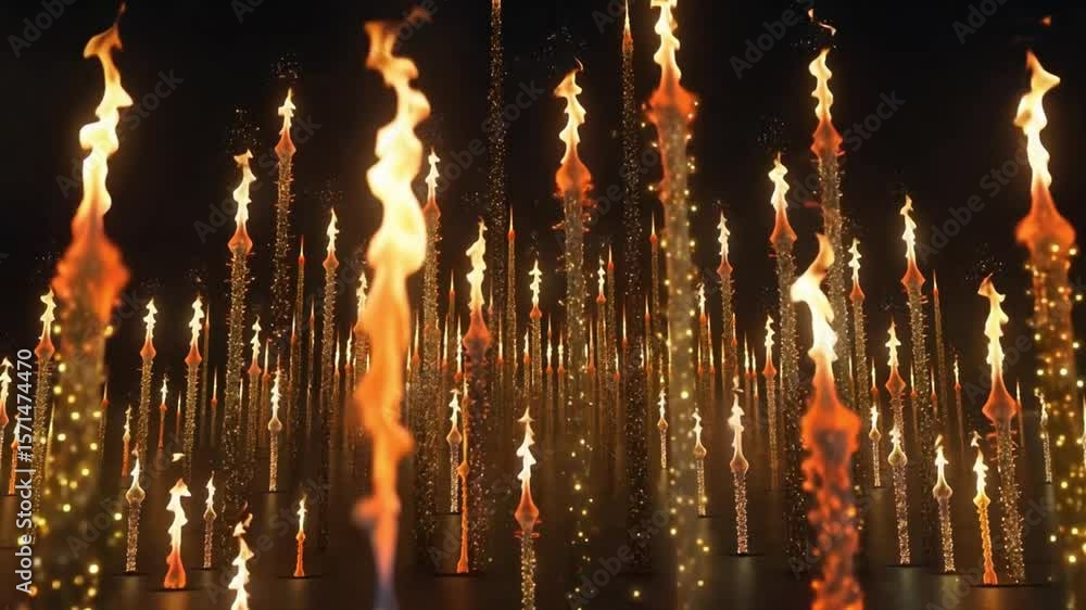 Poster field of fire: a mesmerizing display of vertical flames, illuminating the night with a spectrum of w