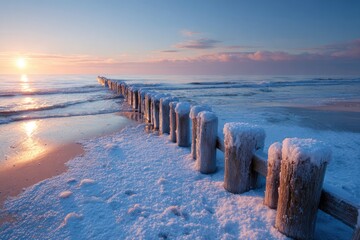 A tranquil scene of wooden breakwater covered in snow at sunrise, reflecting in the calm, cold sea
