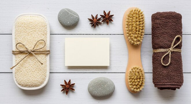Spa day essentials arranged on white wood surface for wellness and self care