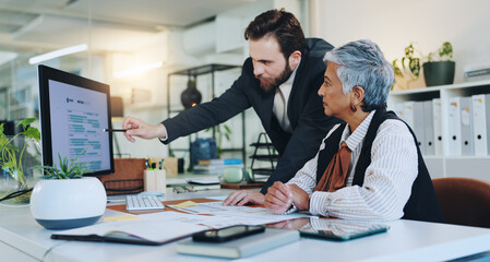 Collaboration, colleagues and man with computer, pointing or explaining proposal to project...