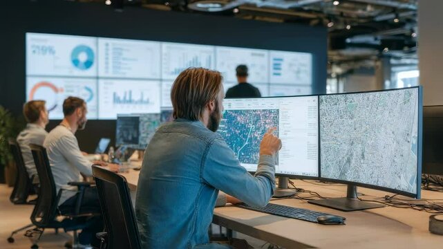 Team collaboration in a hightech office where professionals analyze data visualizations and develop strategic plans highlighting the importance of realtime data integration in modern