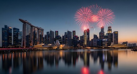 Singapore Skyline at Dusk with Red Fireworks Reflected in Marina Bay – National Day Celebration