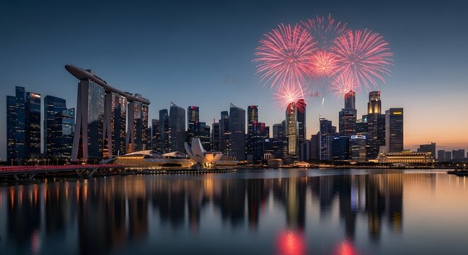 Singapore Skyline at Dusk with Red Fireworks Reflected in Marina Bay – National Day Celebration
