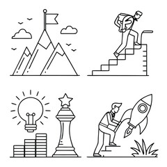 Mountain peak climber lightbulb trophy rocket launch flag clouds