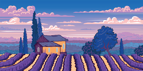 Summer rural landscape with houses, lavender fields, trees, meadows and hills in the background. Handmade doodle drawing vector illustration. Can be used to make books, banners, posters, etc.