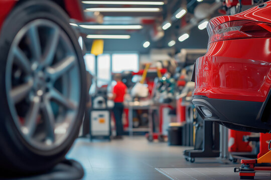 Close-up of high-performance red sports car on garage lift with wheel in foreground, auto repair shop