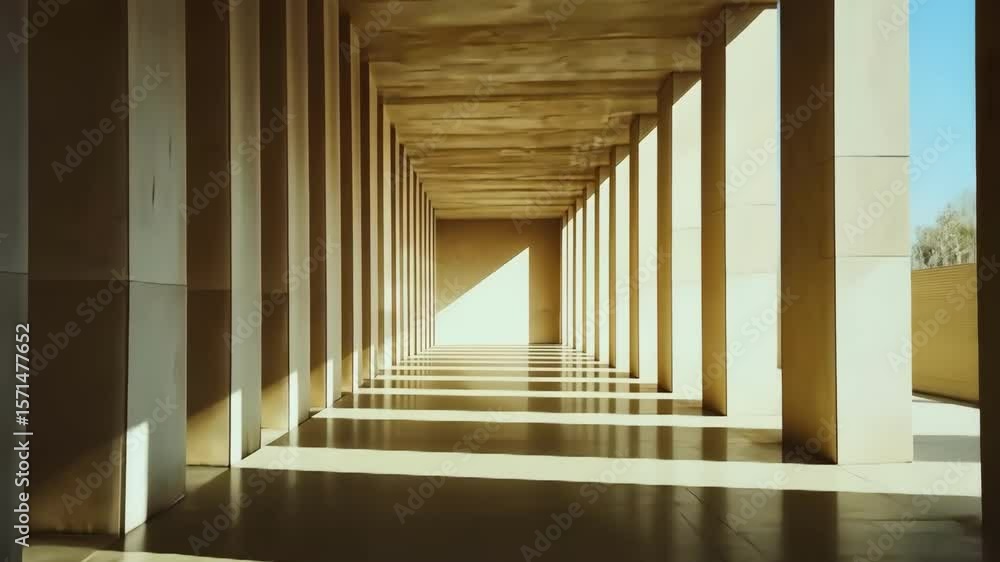 Poster hallway of columns leads to a distant bright light. clean architecture