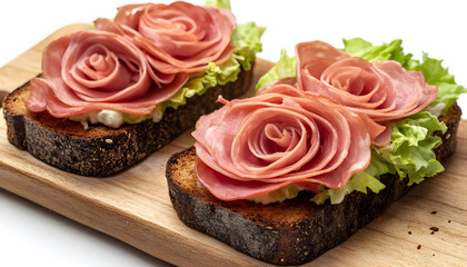 two slices of brown bread placed on a wooden board has chopped cabbage and sliced jamon