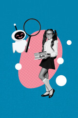 Vertical art 3d creative image collage of happy schoolgirl book stack education concept robot hold...
