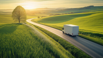 White delivery van driving along a winding country road through lush green fields at sunset, rural scenery, transportation, vehicle