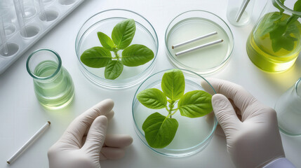 Botanical research with young plant cuttings in petri dishes and test tubes, laboratory, science, botany, plant biotechnology, biological experiment, research, laboratory tools, science lab