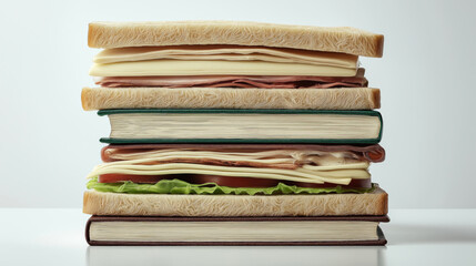 Stack of books with sandwiches on top, layered with ingredients, healthy lunch, culinary art, food obsession, gourmet, fresh, healthy snack, dietary, balanced diet, edibles, lifestyle