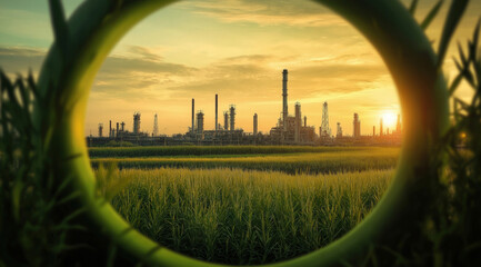Industrial plant seen through a circular frame during sunset over green farmland, metal refinery, pollution, industry, environmental impact