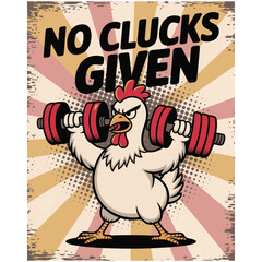 A humorous design featuring a chicken lifting weights with the phrase "No Clucks Given", ideal for quirky or gym-themed apparel, vector illustration.