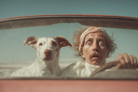 Fototapeta Surprised driver and dog in vintage car adventure