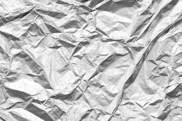 Crinkled silver metallic foil texture, sharp wrinkles and reflections.