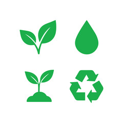 Obraz premium Eco-Friendly Icons Leaves, Water Drop, Seedling, and Recycling Symbol