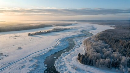 Fototapeta premium Aerial view of a winding river through a snowy landscape at sunrise silhouette