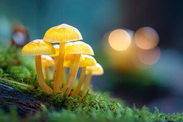 A cluster of vibrant yellow mushrooms sprouts from mossy wood, creating a magical and enchanting