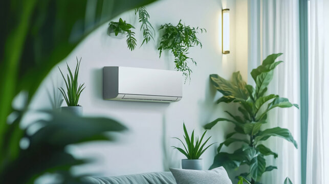 Modern living room interior with air conditioning unit, lush green plants, cozy curtains, natural light, contemporary decor, home comfort, air quality, climate control