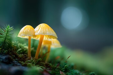 Vibrant yellow mushrooms sprout from a verdant moss-covered surface in a secluded forest setting