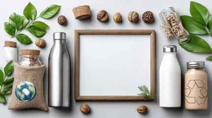 Eco-friendly zero waste lifestyle essentials with leafy plants, reusable bottles, jars, biodegradable packaging, nuts, rice, herbs on gray background, sustainable living, eco movement