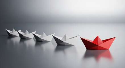 Strategy and Leadership Concept, One Blue Boat Leading Others Towards Success.
