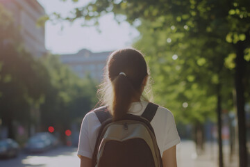 Back view of young girl with backpack walking on leafy city street during daytime, natural light, urban life, casual style, youth, outdoors, cityscape, environment, scenic, lifestyle
