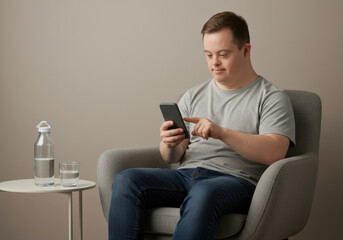 Young man with down syndrome using smartphone in modern living room, engaging with device, showcasing independence, connectivity, and daily routine, minimalistic background emphasizes focus