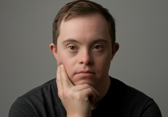 Young man with down syndrome in pensive pose against neutral gray background, thoughtful expression, focused gaze, emphasizing introspection, calm atmosphere, and emotional depth