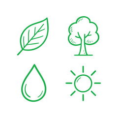 Eco-Friendly Icons Leaf, Tree, Water Drop, and Sun