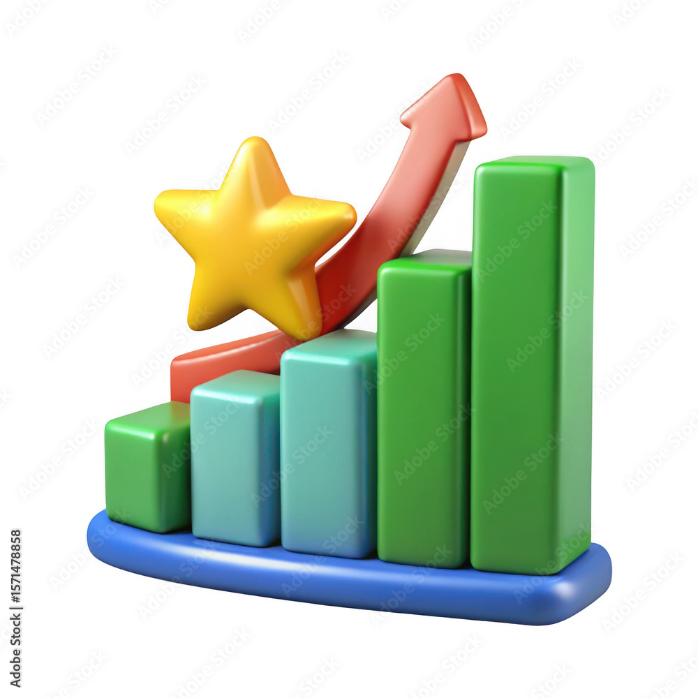 Poster 3d bar chart with upward arrow and star isolated on transparent background