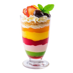 Vibrant layered dessert in glass features colorful jelly layers, topped with whipped cream, strawberry slice, cherries, and mint leaf, creating refreshing treat, on transparent background