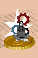 Photo collage template trend artwork sketch of mechanism cogwheel young lady sit big coin work...