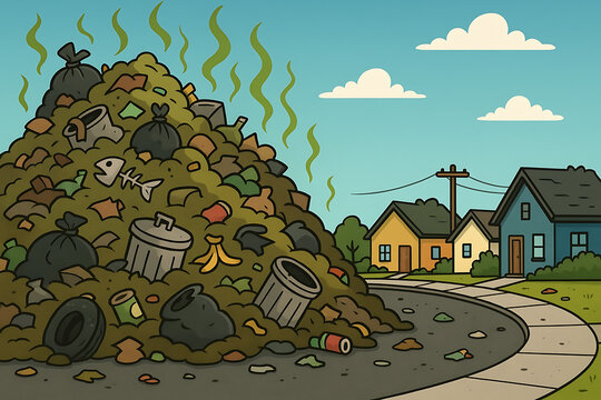 Huge pile of garbage in residential area, smelly and disturbing