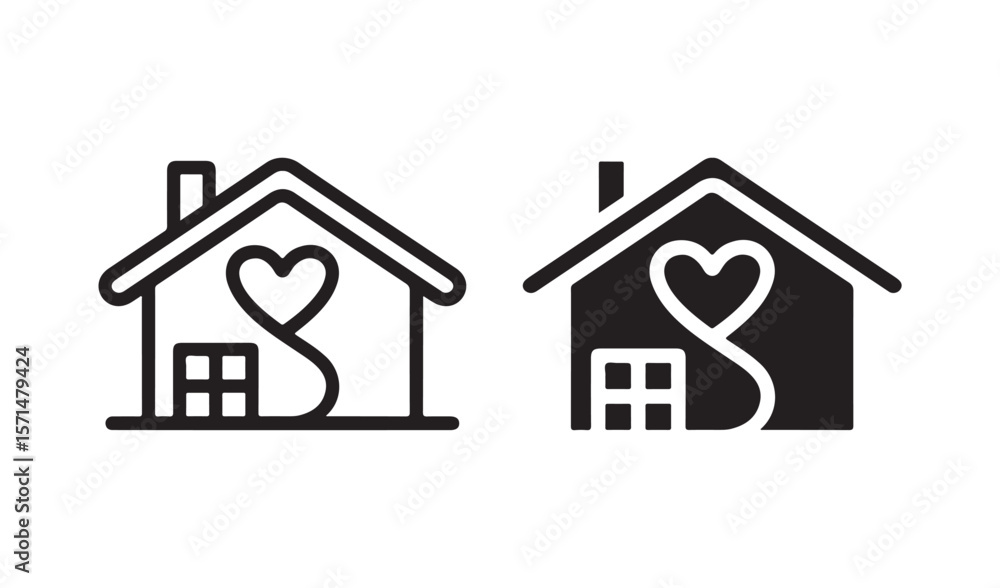 Poster two house icons with a heart shape inside one outline and one solid isolated on white background