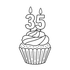 35th birthday cupcake with whipped cream and number 35 candle, isolated vector illustration on white or transparent background