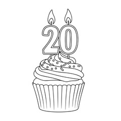 20th birthday cupcake with whipped cream and number 20 candle, isolated vector illustration on white or transparent background