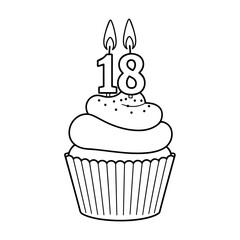 18th birthday cupcake with whipped cream and number 18 candle, isolated vector illustration on white or transparent background