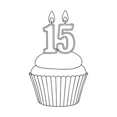 15th birthday cupcake with whipped cream and number 15 candle, isolated vector illustration on white or transparent background